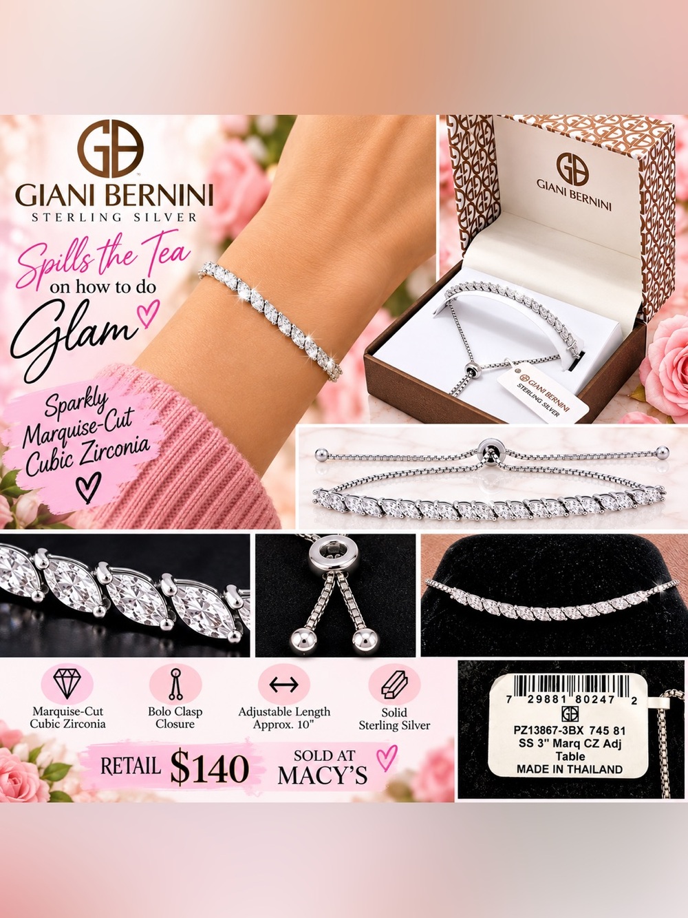 NWT Giani Bernini Women’s Sterling Silver Marquise CZ Adjustable Tennis Bracelet